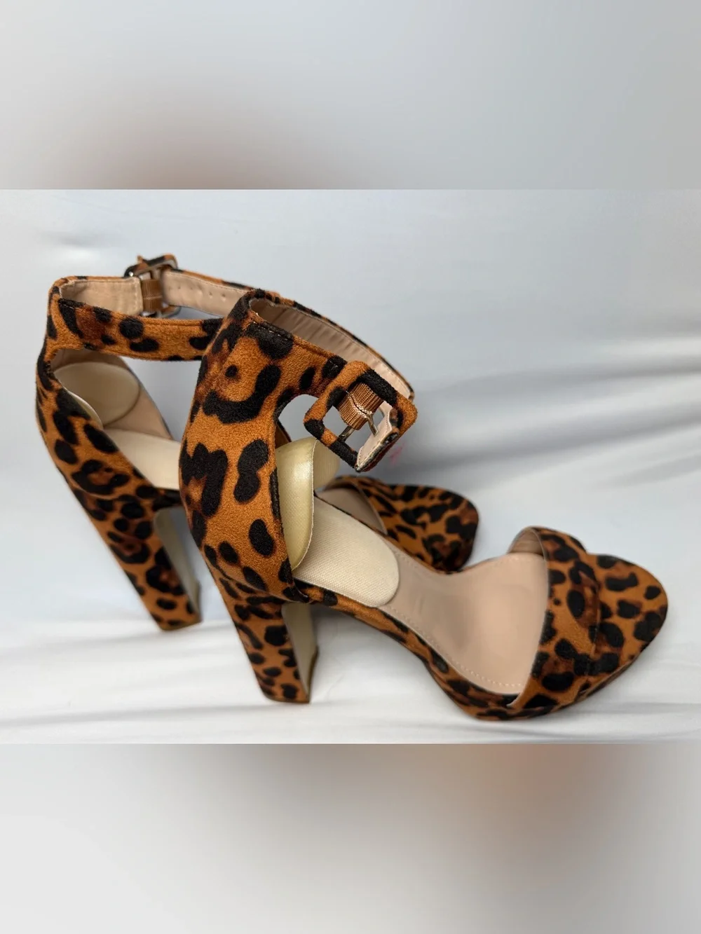 Leopard Print Ankle Strap Heels in Tan and Black
